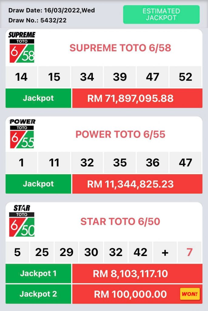 Result toto 6/58 STAR TOTO