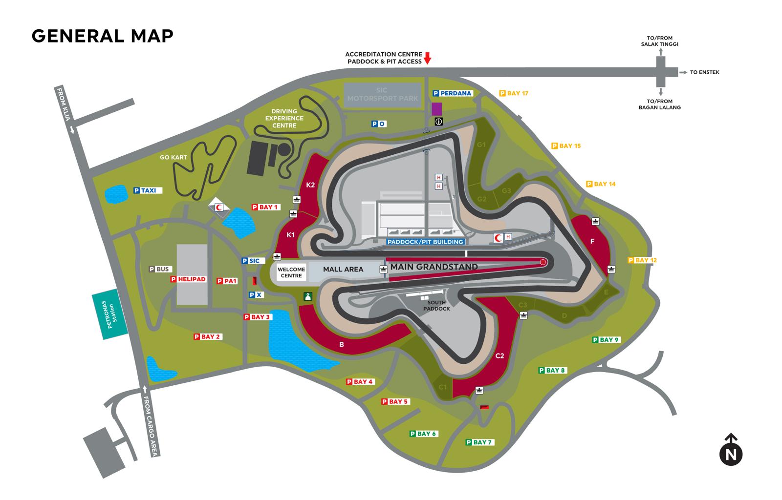 马来西亚雪邦国际赛道 Sepang International Circuit F1 停车位分布图 Bay 1 至 Bay 17 导航路线